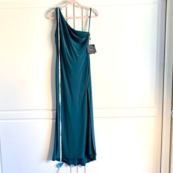 NWT Ieena for Mac Duggal One Shoulder Draped Back Gown in emerald green (Style # - Picture 10 of 14